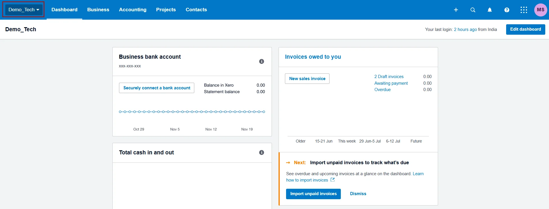 Xero accounting dashboard for Demo_Tech showing business bank account setup and invoices owed summary with import options