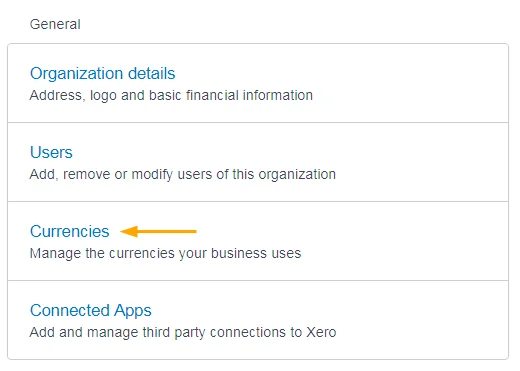 Xero general settings page with currencies option highlighted showing organization setup menu for business configuration
