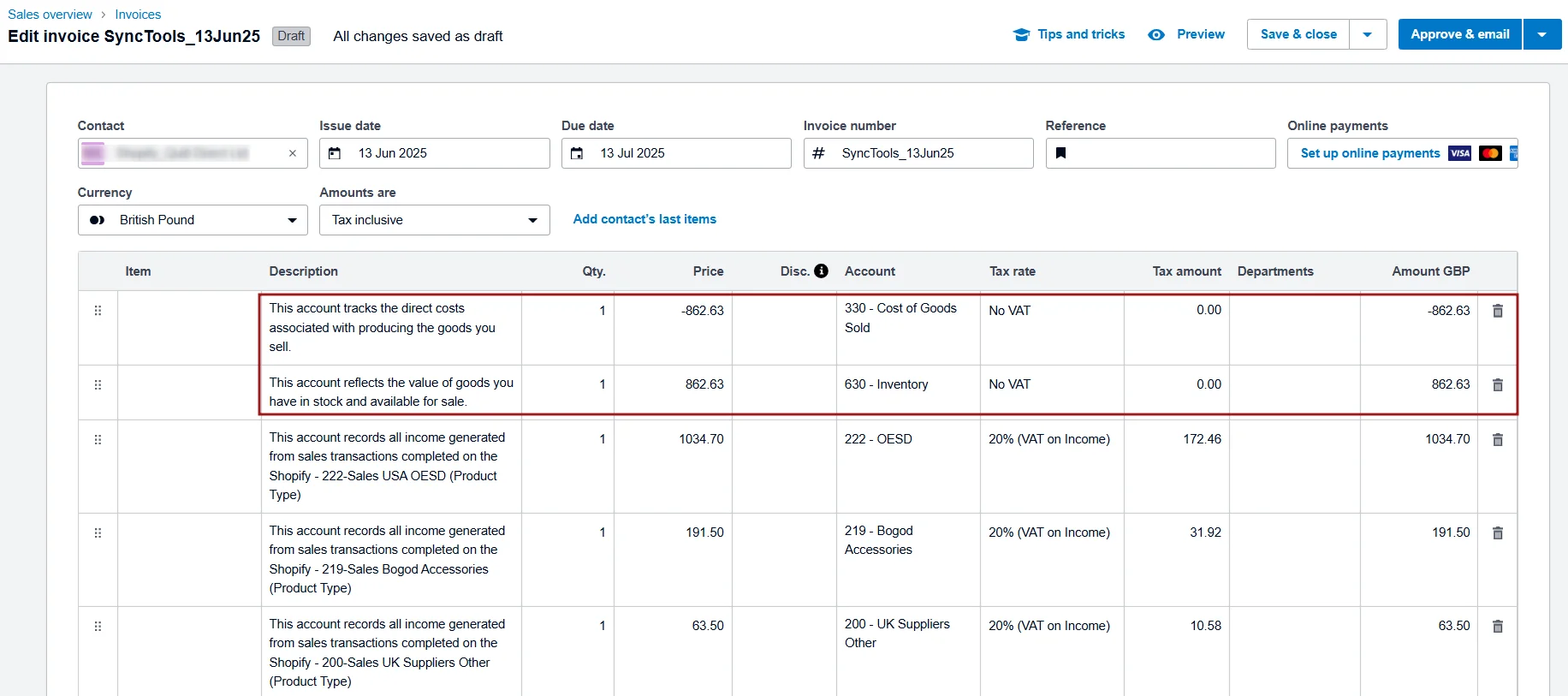 Xero draft invoice showing SyncTools entry with cost of goods sold, inventory adjustments, and VAT breakdown for Shopify sales