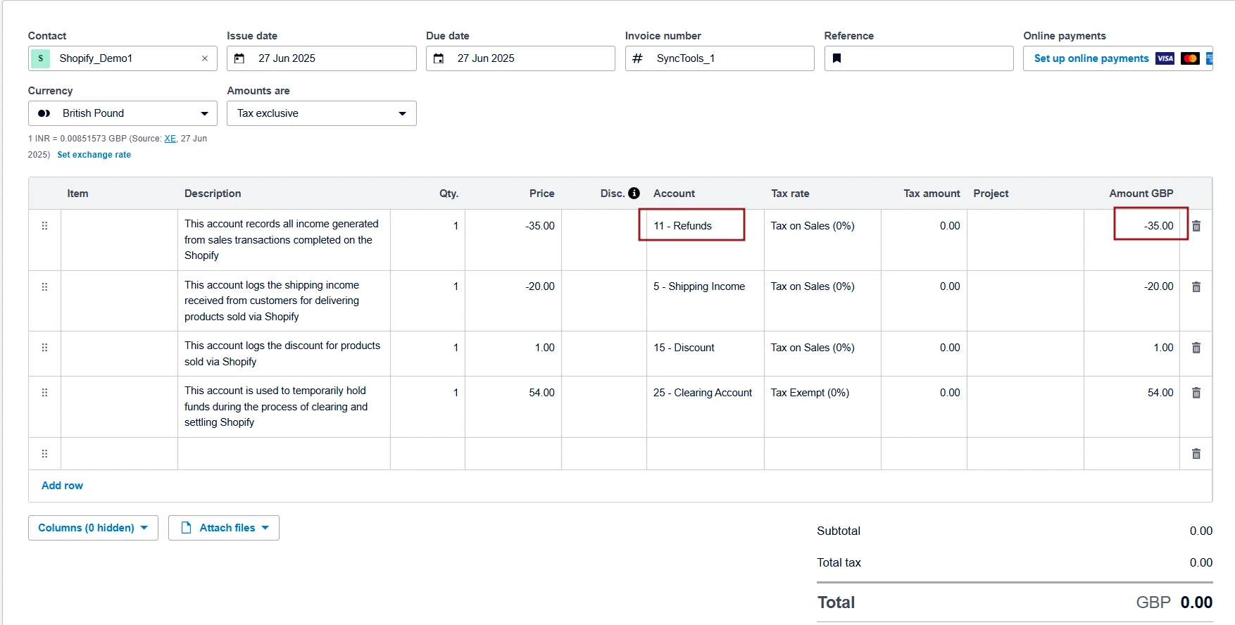 Xero invoice creation for SyncTools showing Shopify refunds, shipping income, and clearing account line items in GBP