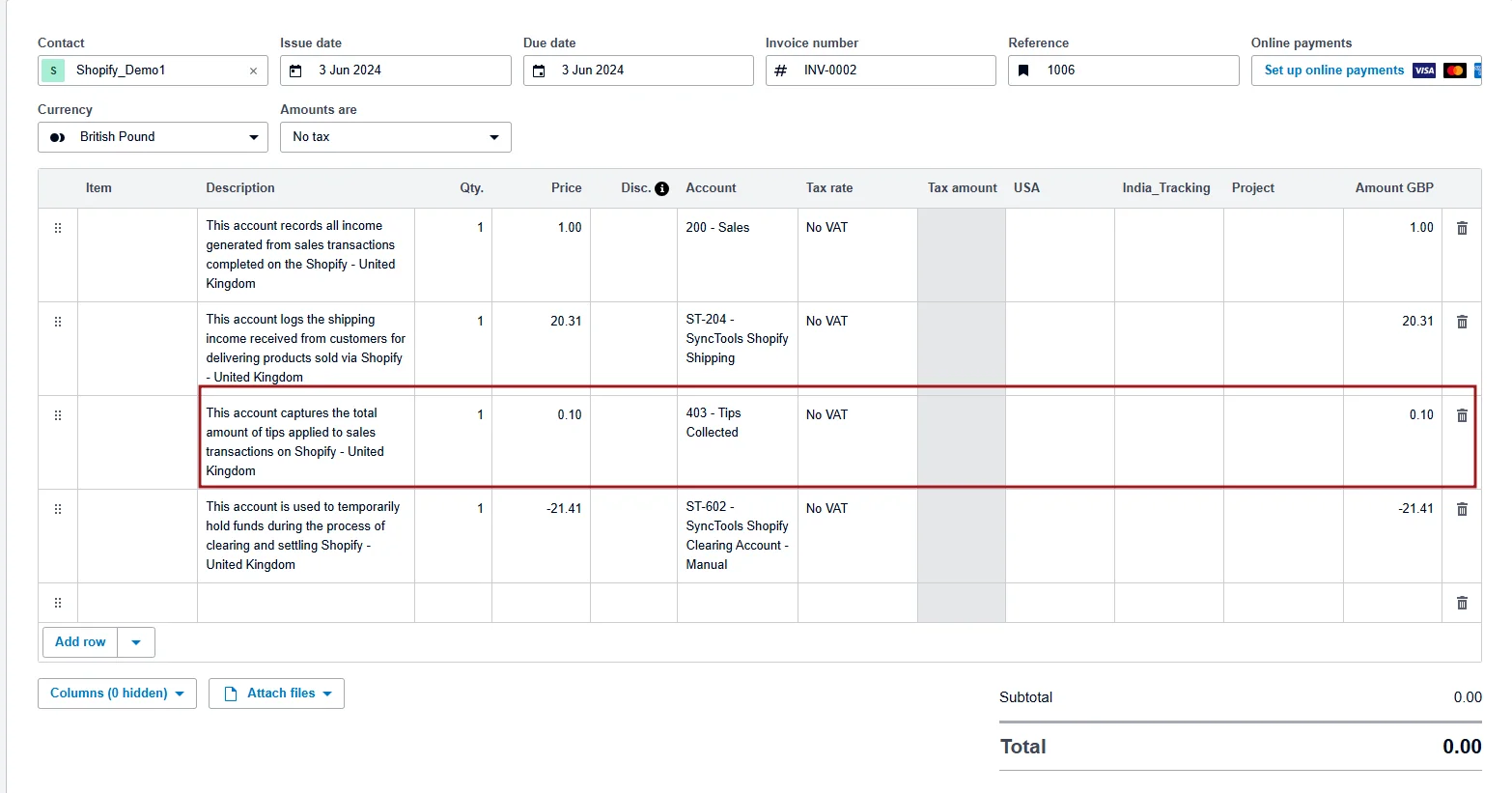 Xero invoice showing SyncTools Shopify UK transactions with tips collected account highlighted at £0.10 amount