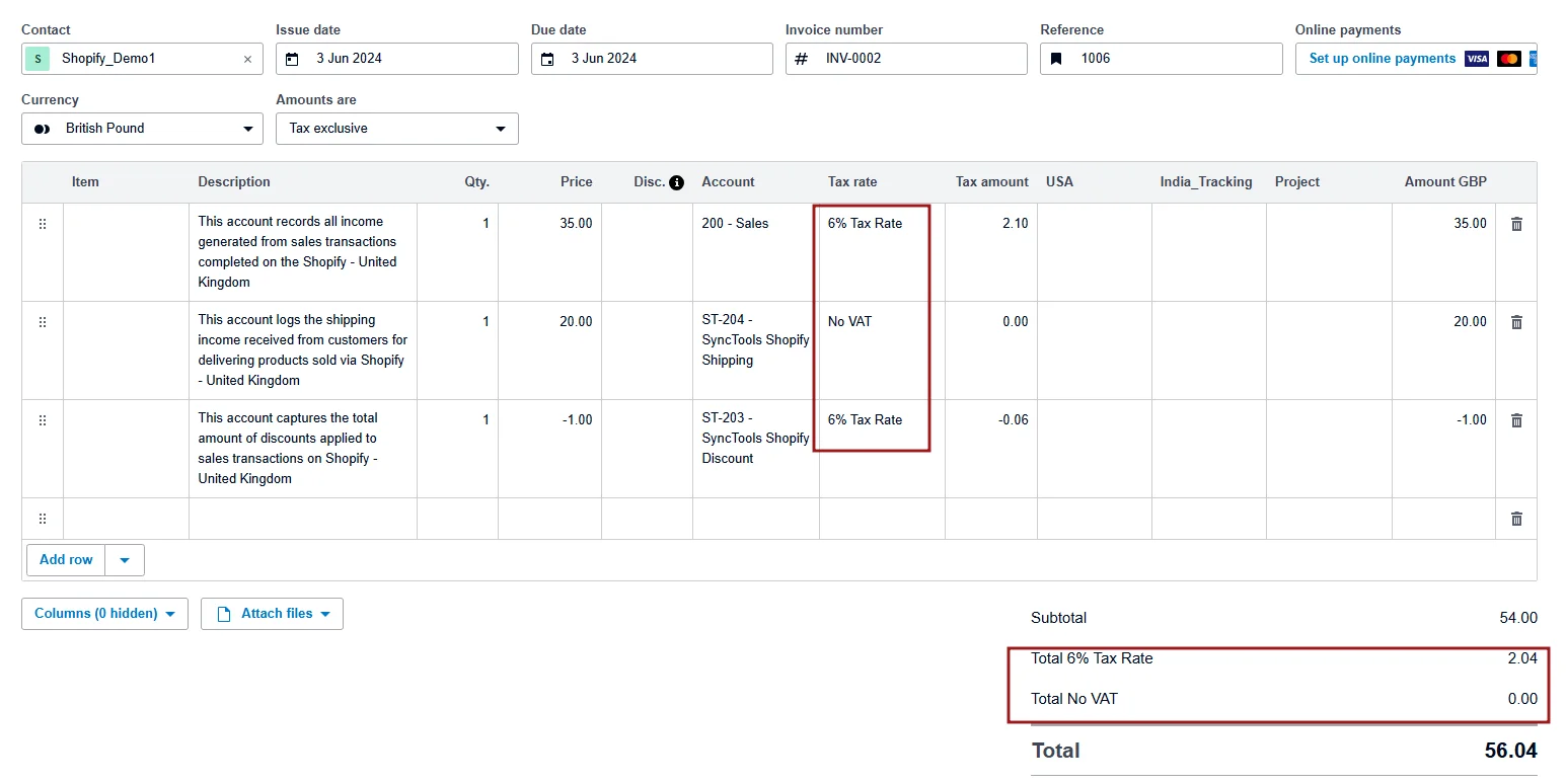 Xero invoice for SyncTools Shopify UK showing 6% tax rate on sales and discount with shipping exempt totaling £56.04
