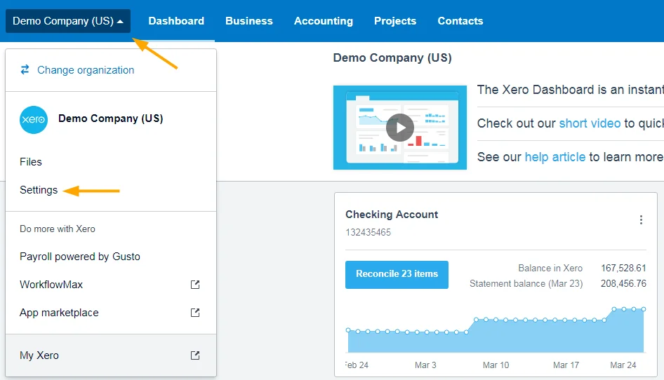 Xero settings menu expanded for Demo Company US showing checking account balance and reconciliation dashboard overview
