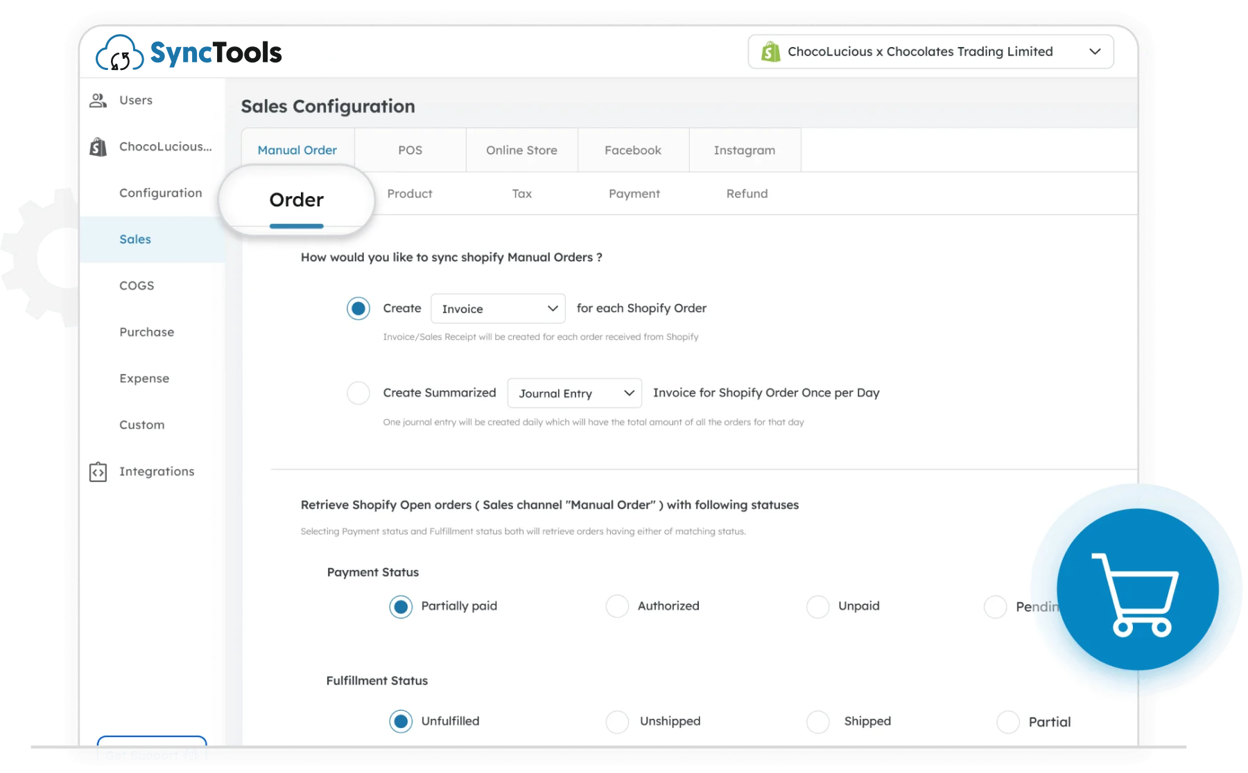 SyncTools sales configuration for Shopify manual orders with individual or summarized QuickBooks invoice settings and status filters