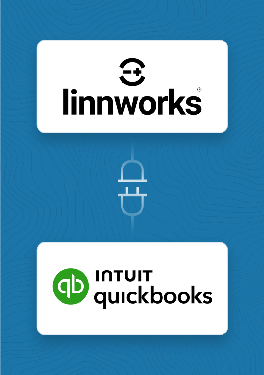 Visual showing Linnworks and Intuit QuickBooks integration with plug icon representing connected platforms on blue background.