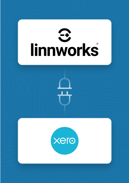 Illustration showing integration connection between Linnworks and Xero platforms represented with plug icon on blue background.