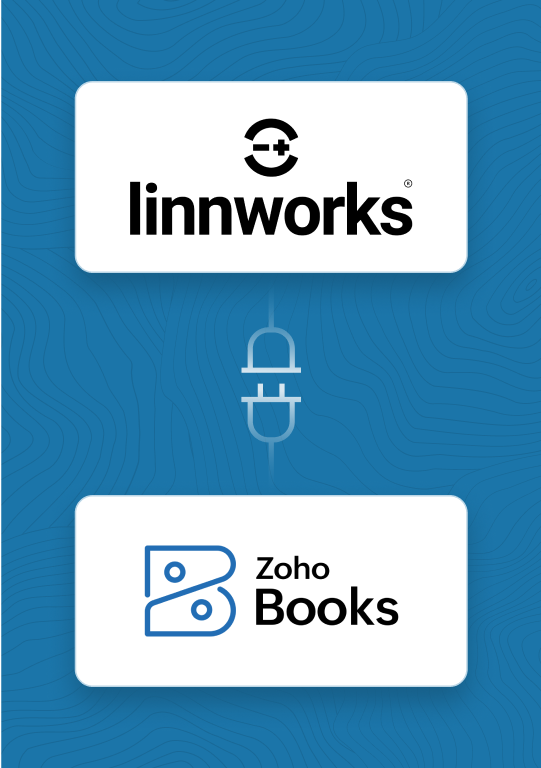 Graphic showing integration connection between Linnworks and Zoho Books with a plug icon on a blue background.