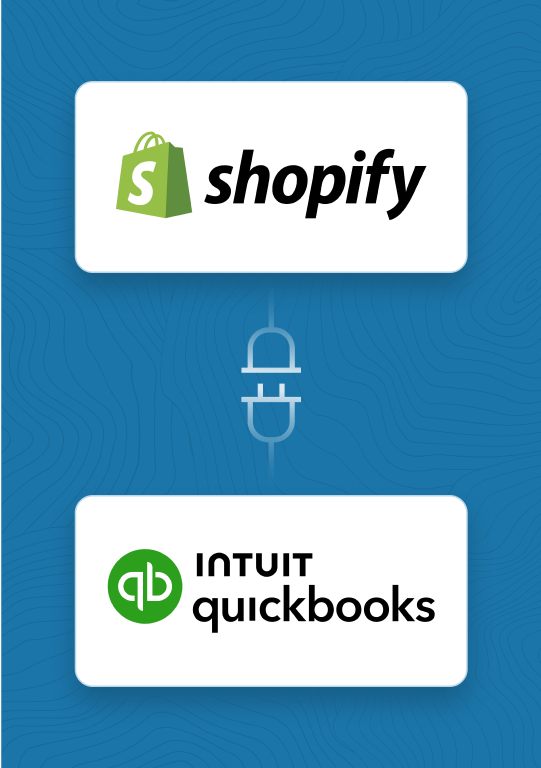 Visual showing Shopify and Intuit QuickBooks integration connected with plug icon representing seamless data syncing.
