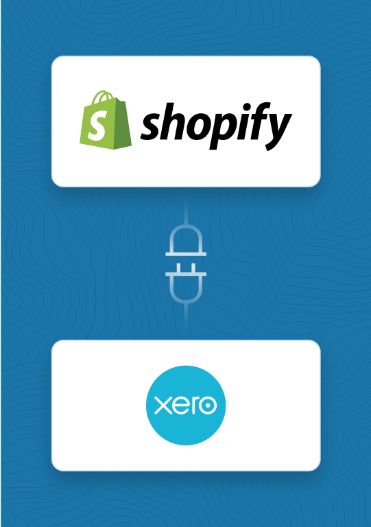 Illustration showing integration between Shopify and Xero platforms connected by a plug icon on a blue background.