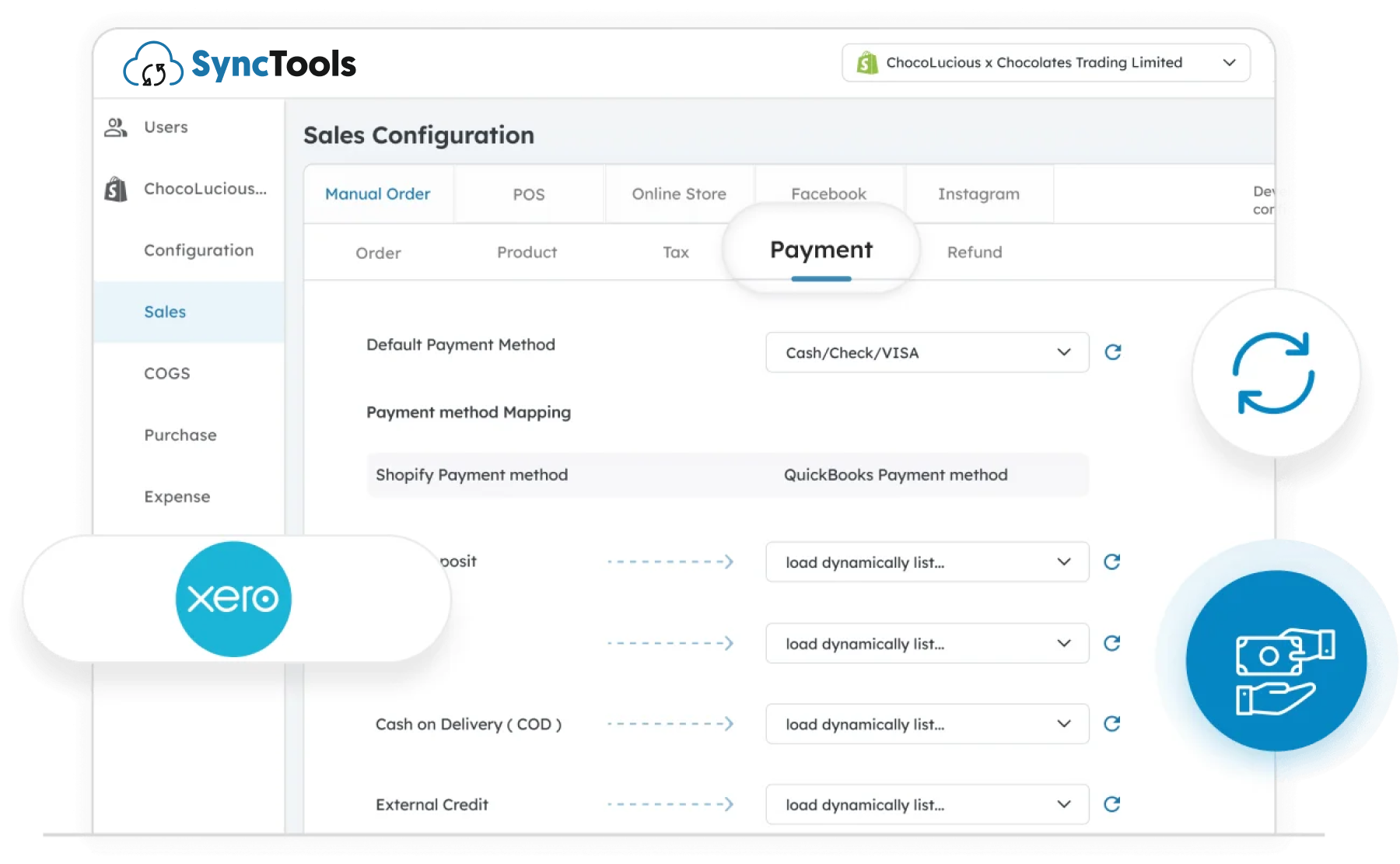 SyncTools sales configuration screen showing Shopify payment method mapping to Xero and QuickBooks payment entries