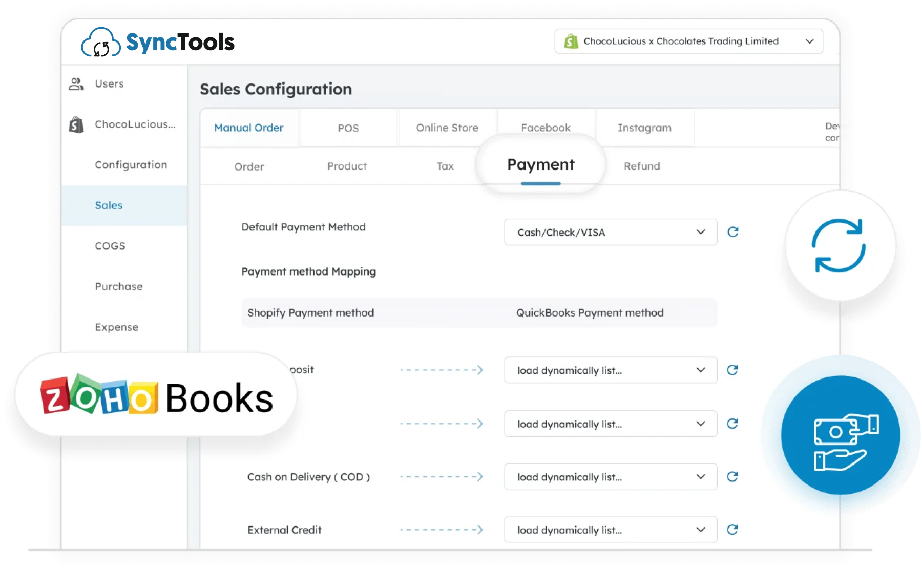 SyncTools settings panel for mapping Shopify payment methods with Zoho Books to streamline ecommerce accounting and transactions