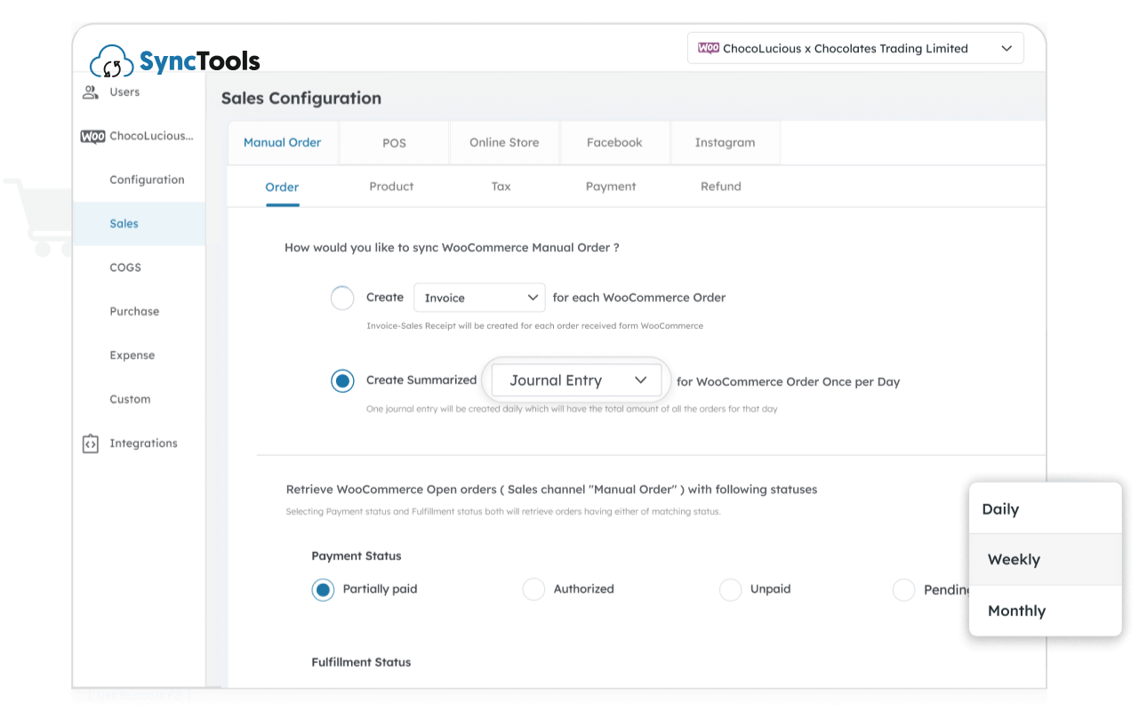 SyncTools WooCommerce to QuickBooks settings for syncing manual orders as daily journal entries with payment and fulfillment filters