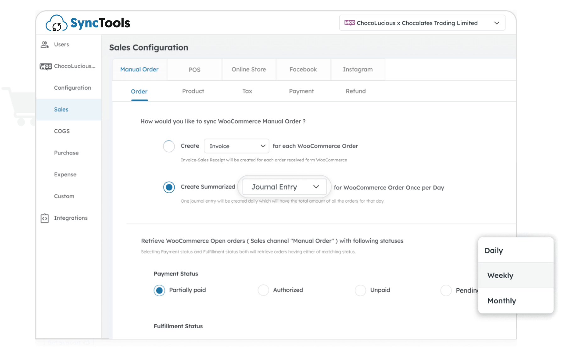 SyncTools WooCommerce to QuickBooks settings for syncing manual orders as daily journal entries with payment and fulfillment filters