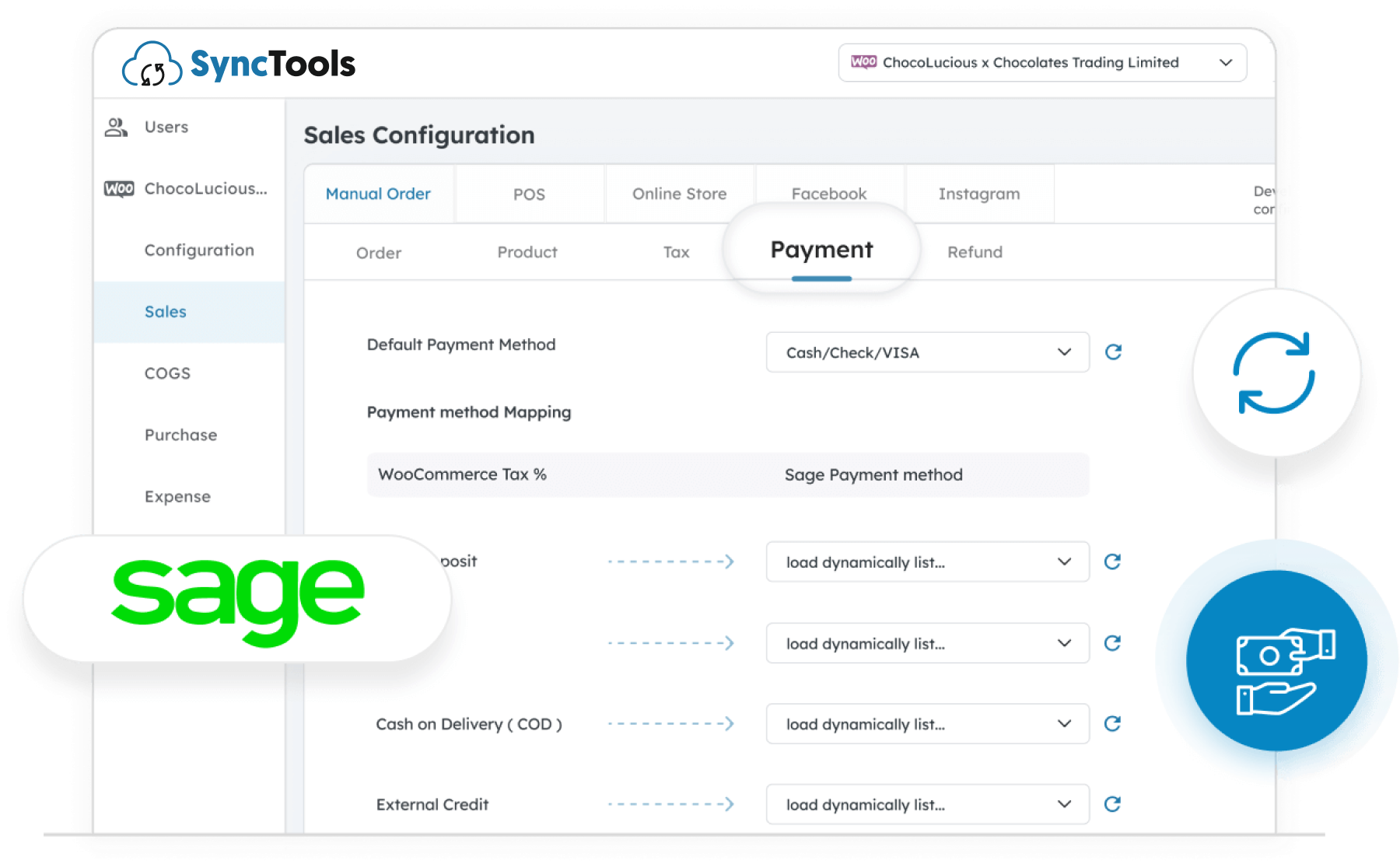 SyncTools payment configuration interface for WooCommerce to Sage mapping showing default payment methods and sync options