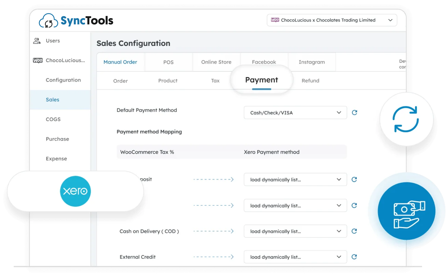 SyncTools payment configuration screen showing WooCommerce to Xero payment method mapping and default payment options