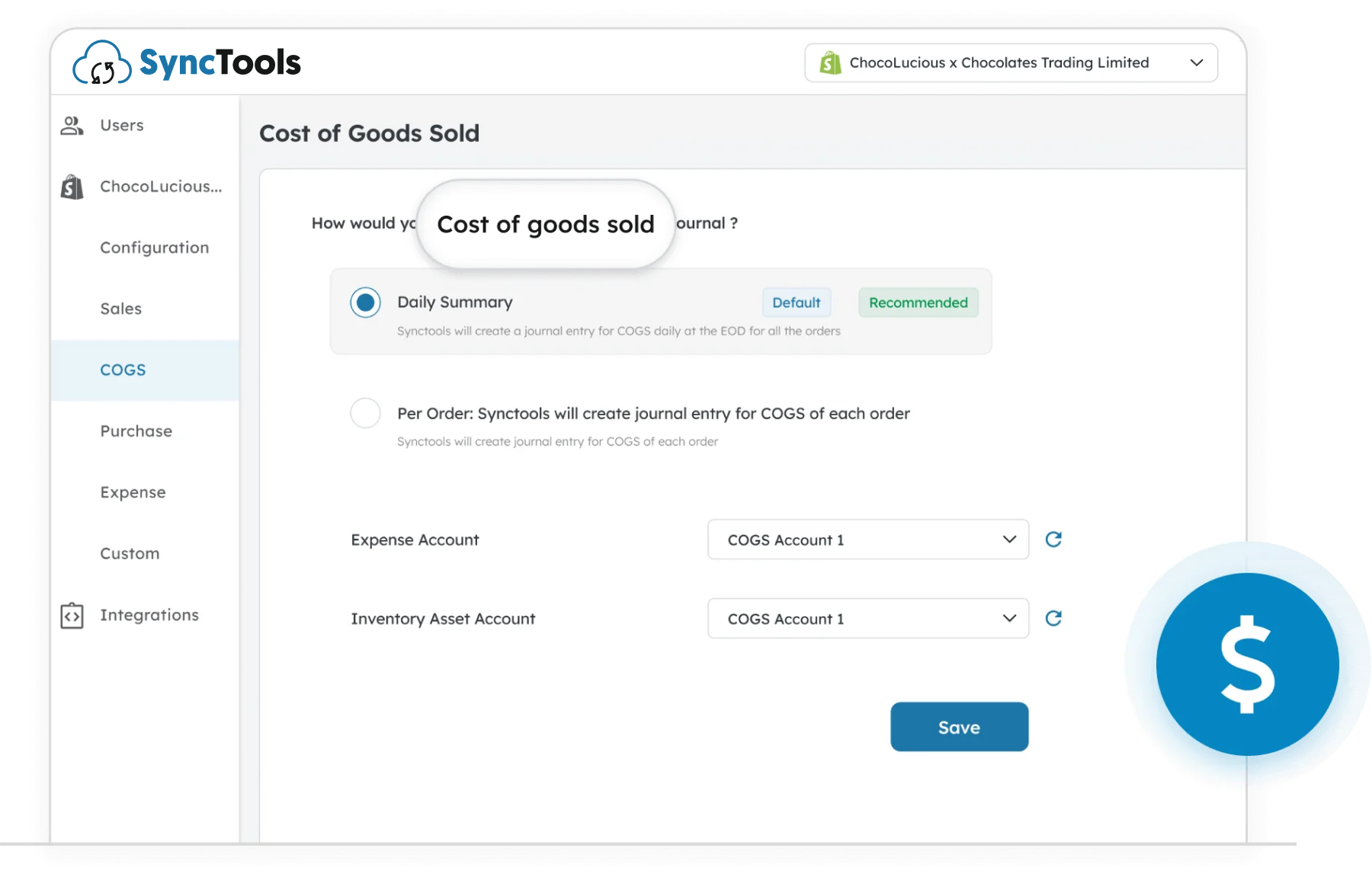 SyncTools dashboard COGS settings for Shopify store with daily summary or per order journal entry and account mapping options