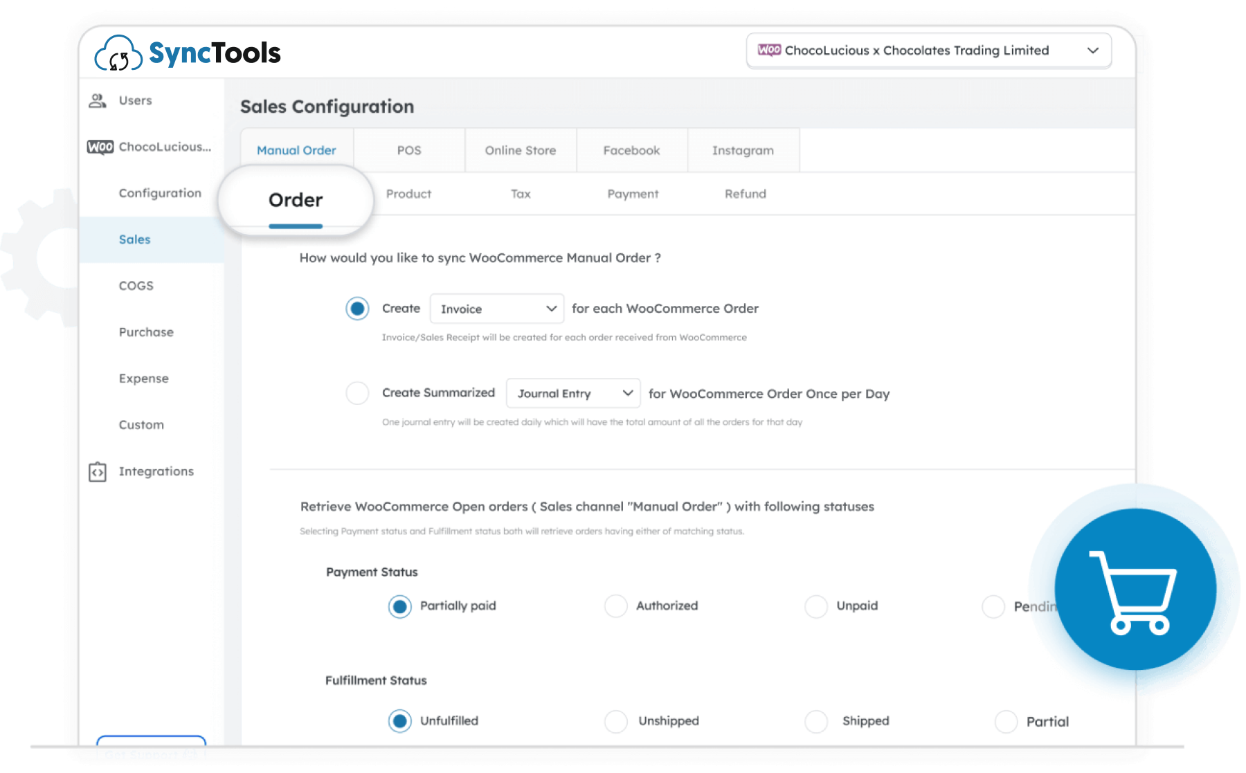 SyncTools sales configuration screen for WooCommerce manual orders showing invoice creation and payment status options