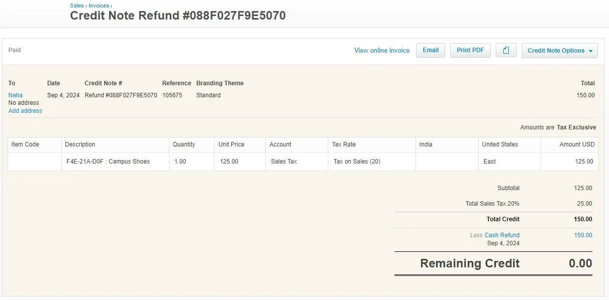 Credit note refund screenshot showing Campus Shoes refund of 150 USD with tax details, account, and remaining credit zero
