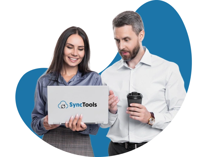 Two professionals discussing accounting automation using SyncTools platform, empowering businesses with smart financial technology