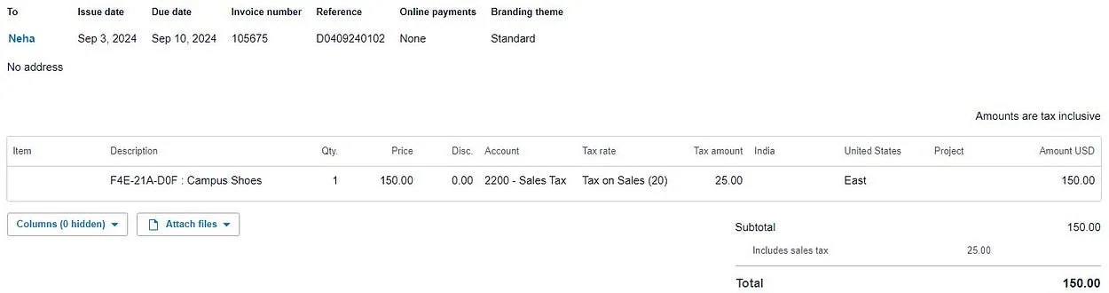 Invoice screenshot showing order details, customer name, item description, tax, subtotal, and total amount of 150.00