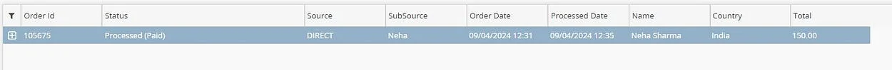 Processed paid order table showing order ID, status, source, subsource, dates, customer name, country, and total amount
