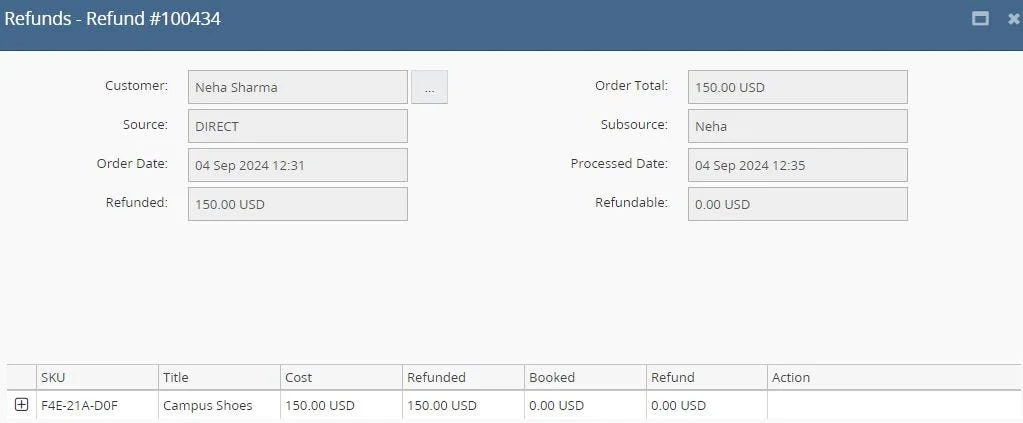 Refund transaction screenshot showing customer Neha Sharma, source direct, subsource Neha, and refund of 150.00 USD