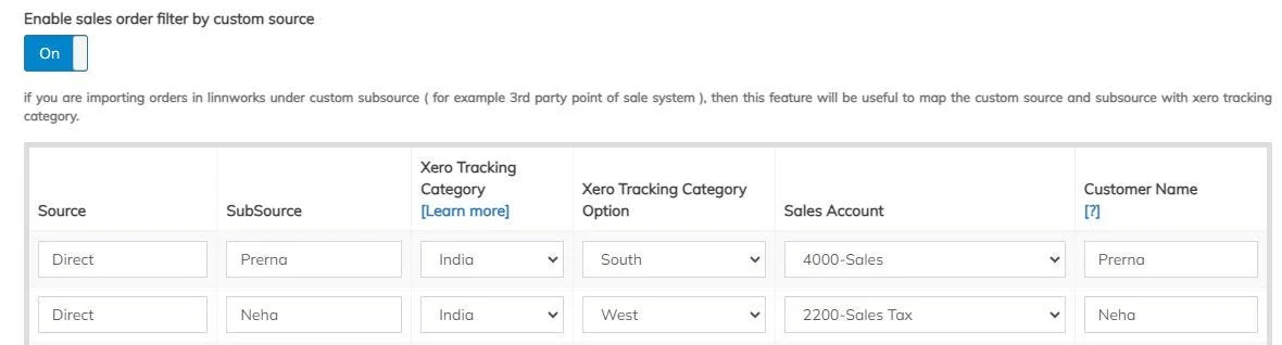 Enable sales order filter in SyncTools to map custom source and subsource with Xero tracking category, account, and customer