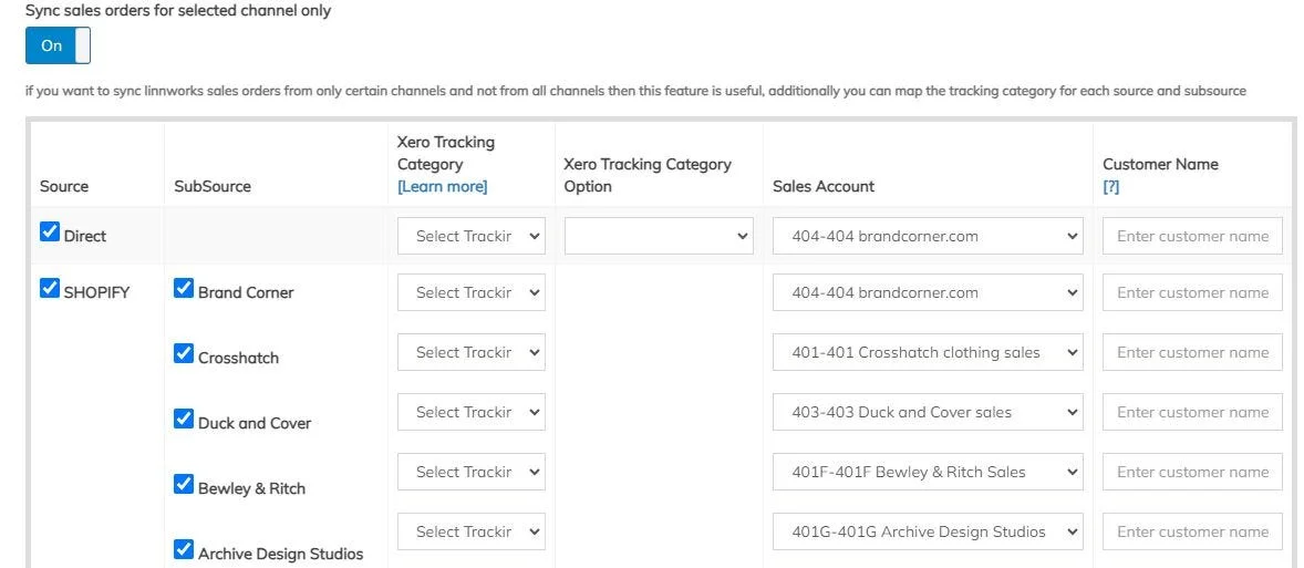 Sync sales orders in SyncTools for selected channels with Xero tracking categories, sales accounts, and customer mapping